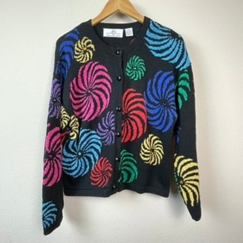 Design Options Cardigan Womens L Black Multi Color‎ Beaded Swirl Art To Wear 90s